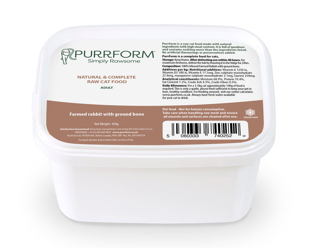 Purrform Farmed Rabbit with Ground Bone (ADULT CAT) 450g