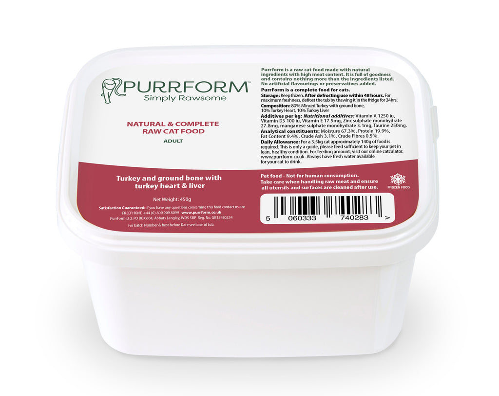 Purrform Turkey & Ground Bone with Turkey Heart & Liver (KITTEN) 450g