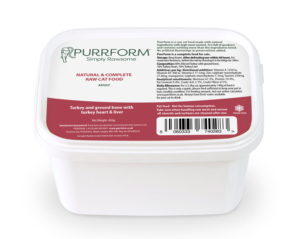 Purrform Turkey & Ground Bone with Turkey Heart & Liver (ADULT CAT) 450g