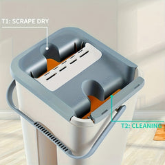 Flat Floor Mop Bucket Set With 2 Microfiber Mop Pads, Easy Self-Wringing Cleaning Mop Bucket