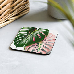 Pink Monstera Cork-back coaster