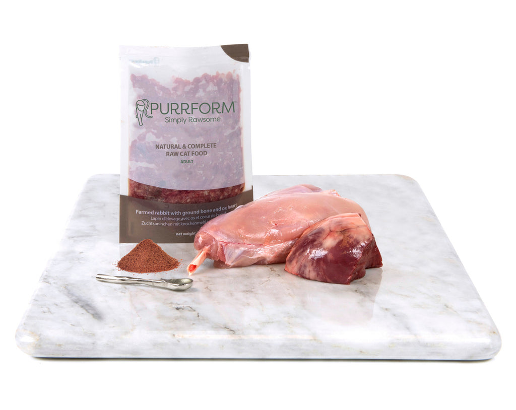 Purrform Farmed Rabbit with Ground Bone & Ox Heart (ADULT CAT) 6 X 70G POUCHES